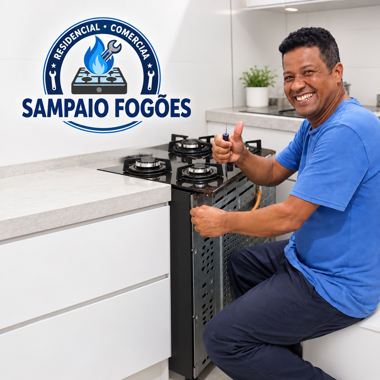 Sampaio trabalhando ao lado de um fogão